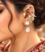 Kundan Green Stone Ear Cuff Earrings, Indian Bridal Jewelry, Floral Ear Climbers
