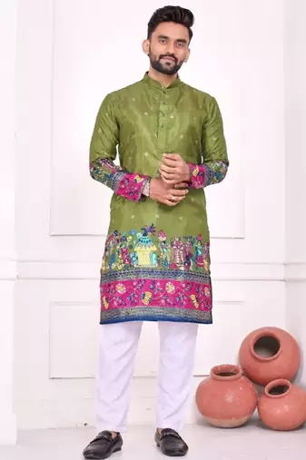 Mehendi color dola silk patola with foil printed kurta set