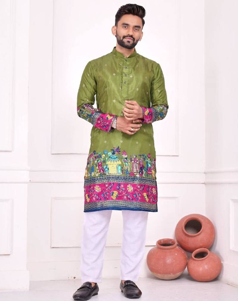 Mehendi color dola silk patola with foil printed kurta set
