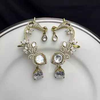 Kundan Green Stone Ear Cuff Earrings, Indian Bridal Jewelry, Floral Ear Climbers 2