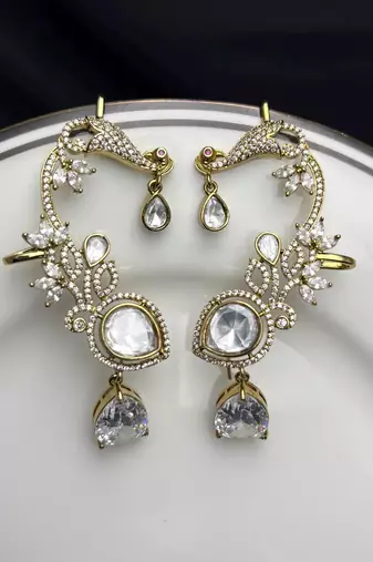 Kundan Green Stone Ear Cuff Earrings, Indian Bridal Jewelry, Floral Ear Climbers