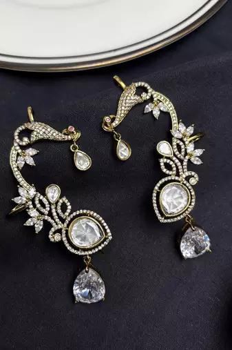 Kundan Green Stone Ear Cuff Earrings, Indian Bridal Jewelry, Floral Ear Climbers