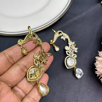 Kundan Green Stone Ear Cuff Earrings, Indian Bridal Jewelry, Floral Ear Climbers 4