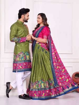 Mehendi color dola silk patola with foil printed kurta set 2