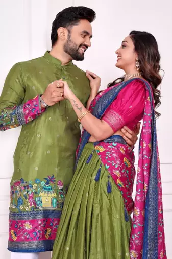 Mehendi color dola silk patola with foil printed kurta set