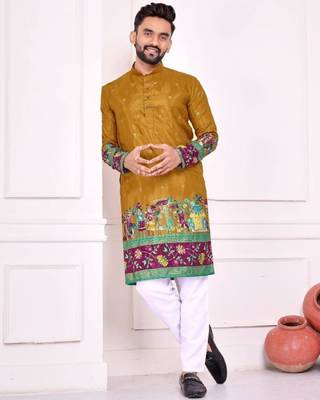 Mustard color dola silk patola with foil printed kurta set 1