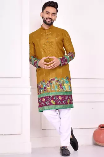 Mustard color dola silk patola with foil printed kurta set