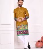 Mustard color dola silk patola with foil printed kurta set