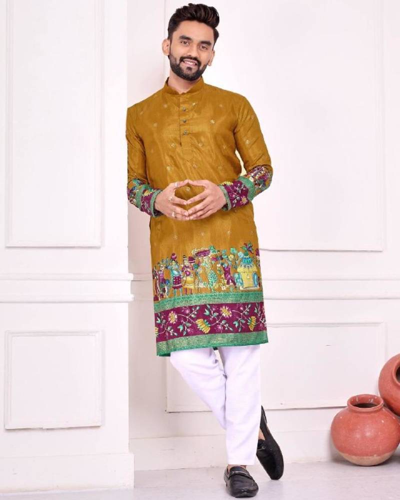 Mustard color dola silk patola with foil printed kurta set