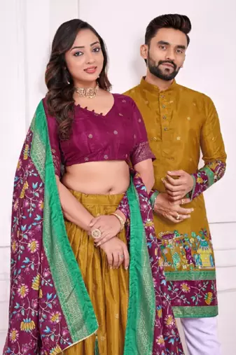 Mustard color dola silk patola with foil printed kurta set
