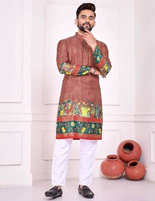 Peach color dola silk patola with foil printed kurta set 1