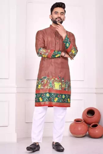 Peach color dola silk patola with foil printed kurta set
