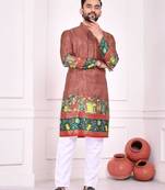 Peach color dola silk patola with foil printed kurta set