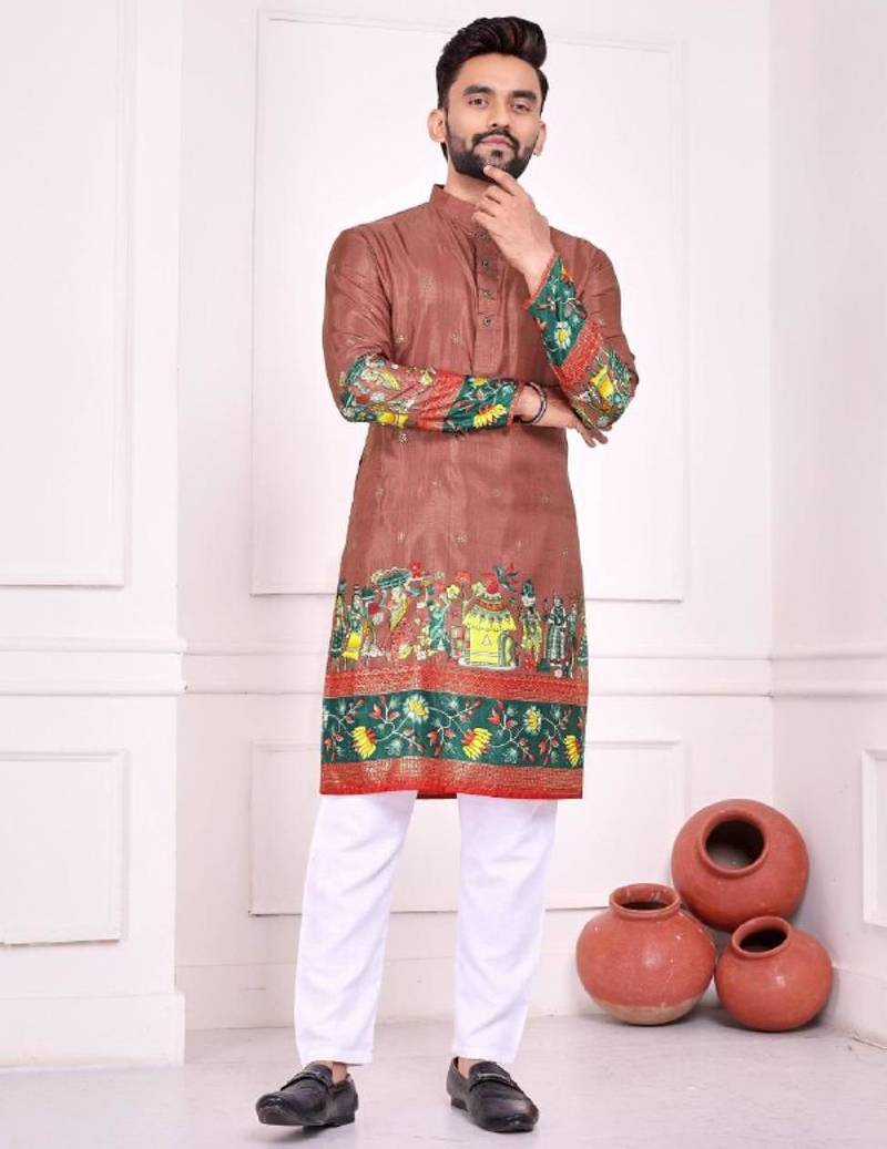Peach color dola silk patola with foil printed kurta set