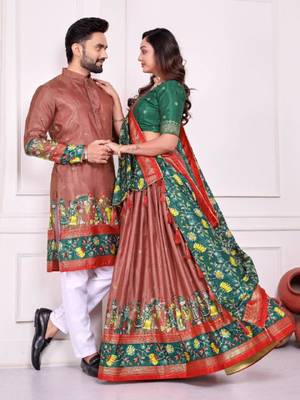 Peach color dola silk patola with foil printed kurta set 2