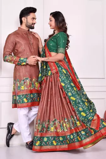 Peach color dola silk patola with foil printed kurta set