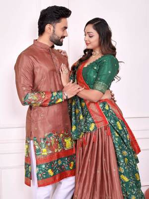 Peach color dola silk patola with foil printed kurta set 3