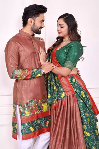 Peach color dola silk patola with foil printed kurta set