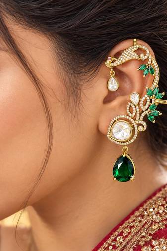 Kundan Green Stone Ear Cuff Earrings, Indian Bridal, Emerald Drop, Gold Tone Jhumka Style