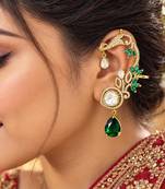 Kundan Green Stone Ear Cuff Earrings, Indian Bridal, Emerald Drop, Gold Tone Jhumka Style