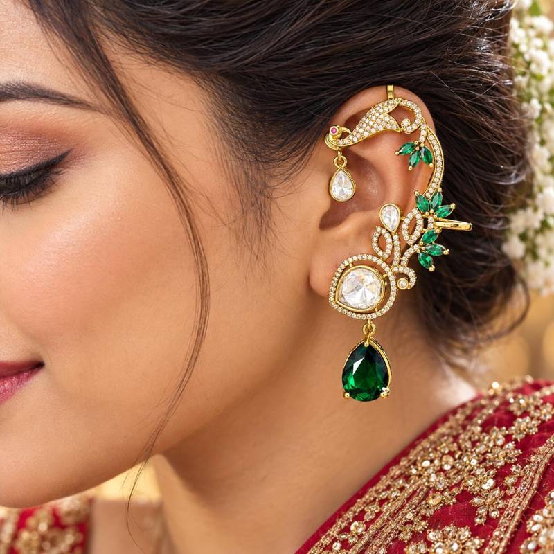 Kundan Green Stone Ear Cuff Earrings, Indian Bridal, Emerald Drop, Gold Tone Jhumka Style