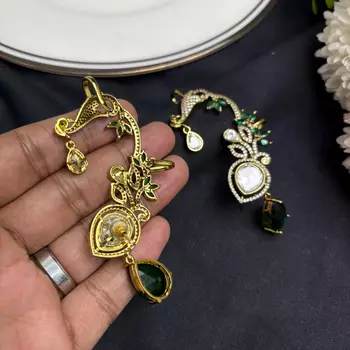 Kundan Green Stone Ear Cuff Earrings, Indian Bridal, Emerald Drop, Gold Tone Jhumka Style 2