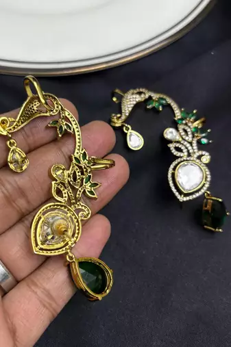 Kundan Green Stone Ear Cuff Earrings, Indian Bridal, Emerald Drop, Gold Tone Jhumka Style