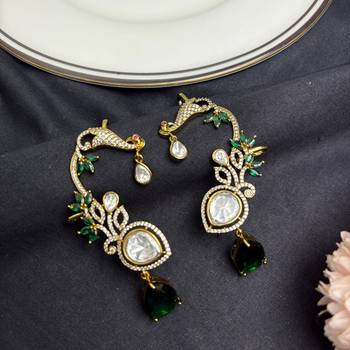 Kundan Green Stone Ear Cuff Earrings, Indian Bridal, Emerald Drop, Gold Tone Jhumka Style 3