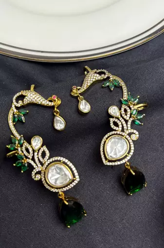 Kundan Green Stone Ear Cuff Earrings, Indian Bridal, Emerald Drop, Gold Tone Jhumka Style