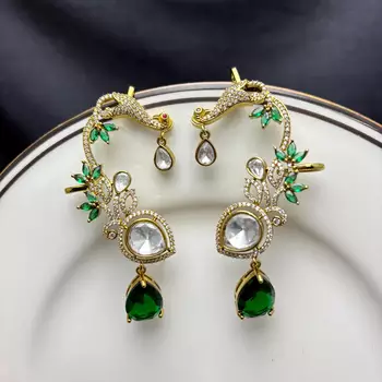 Kundan Green Stone Ear Cuff Earrings, Indian Bridal, Emerald Drop, Gold Tone Jhumka Style 4