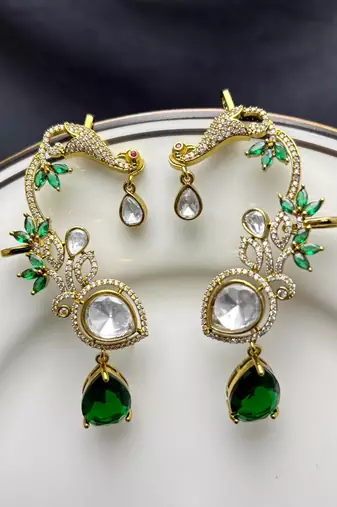Kundan Green Stone Ear Cuff Earrings, Indian Bridal, Emerald Drop, Gold Tone Jhumka Style
