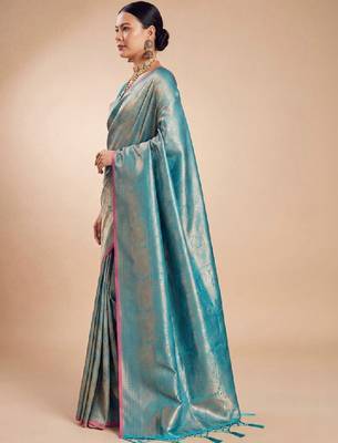 Blue kanjivaram woven design sarees with blouse piece unstiched blouse 2