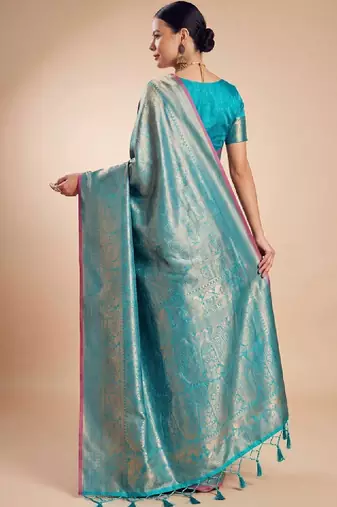 Blue kanjivaram woven design sarees with blouse piece unstiched blouse