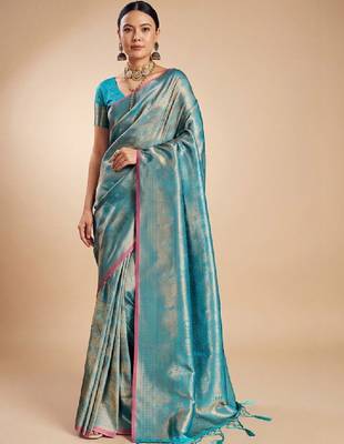 Blue kanjivaram woven design sarees with blouse piece unstiched blouse 1