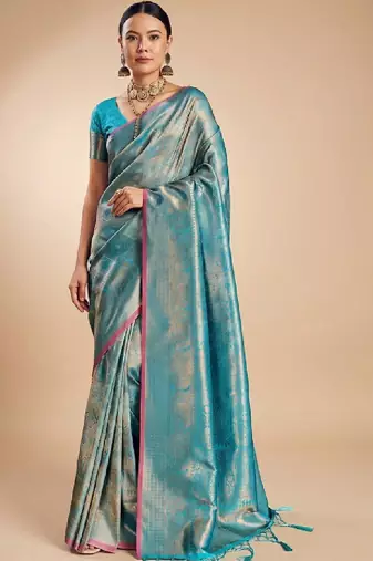 Blue kanjivaram woven design sarees with blouse piece unstiched blouse