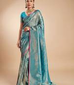 Blue kanjivaram woven design sarees with blouse piece unstiched blouse