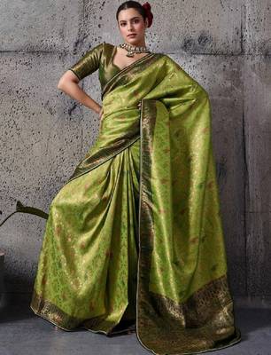 Green premium kanjivaram silk meenakari woven saree with tassel pallu 1