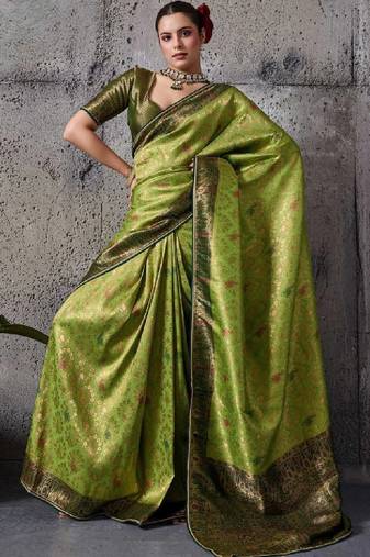 Green premium kanjivaram silk meenakari woven saree with tassel pallu