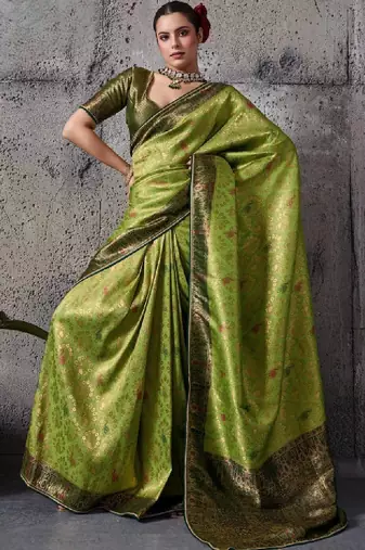 Green premium kanjivaram silk meenakari woven saree with tassel pallu