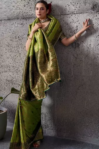Green premium kanjivaram silk meenakari woven saree with tassel pallu