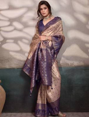 Ethnic motifs zari silk blend handloom kanjeevaram saree 2