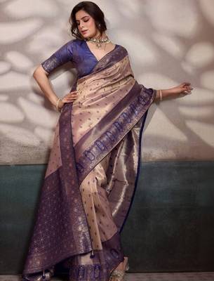 Ethnic motifs zari silk blend handloom kanjeevaram saree 3