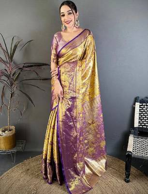 Ethnic motifs zari silk blend designer kanjeevaram saree 1