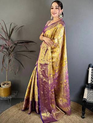 Ethnic motifs zari silk blend designer kanjeevaram saree 3