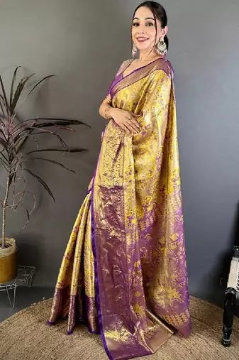Ethnic motifs zari silk blend designer kanjeevaram saree