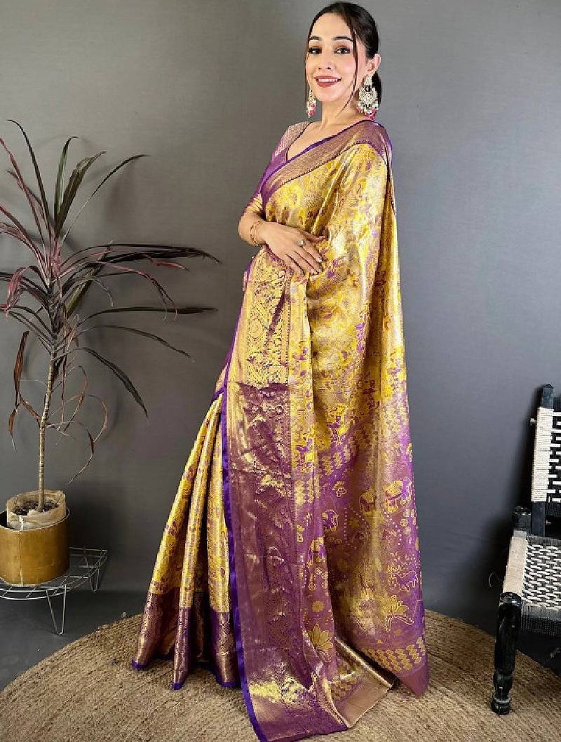 Ethnic motifs zari silk blend designer kanjeevaram saree