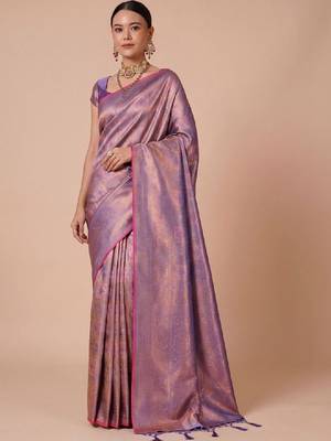 Purple kanjivaram woven design sarees with blouse piece unstiched blouse 1