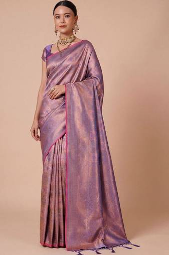 Purple kanjivaram woven design sarees with blouse piece unstiched blouse