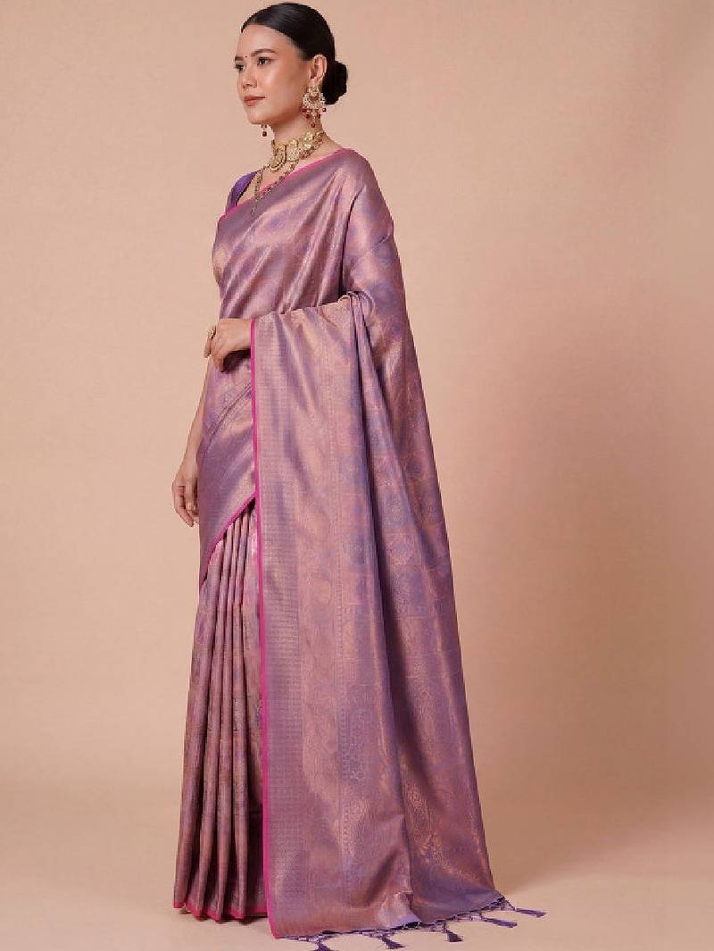 Purple kanjivaram woven design sarees with blouse piece unstiched blouse