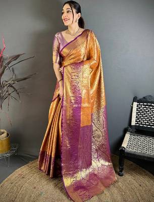 Woven design zari silk blend handloom kanjeevaram saree 2